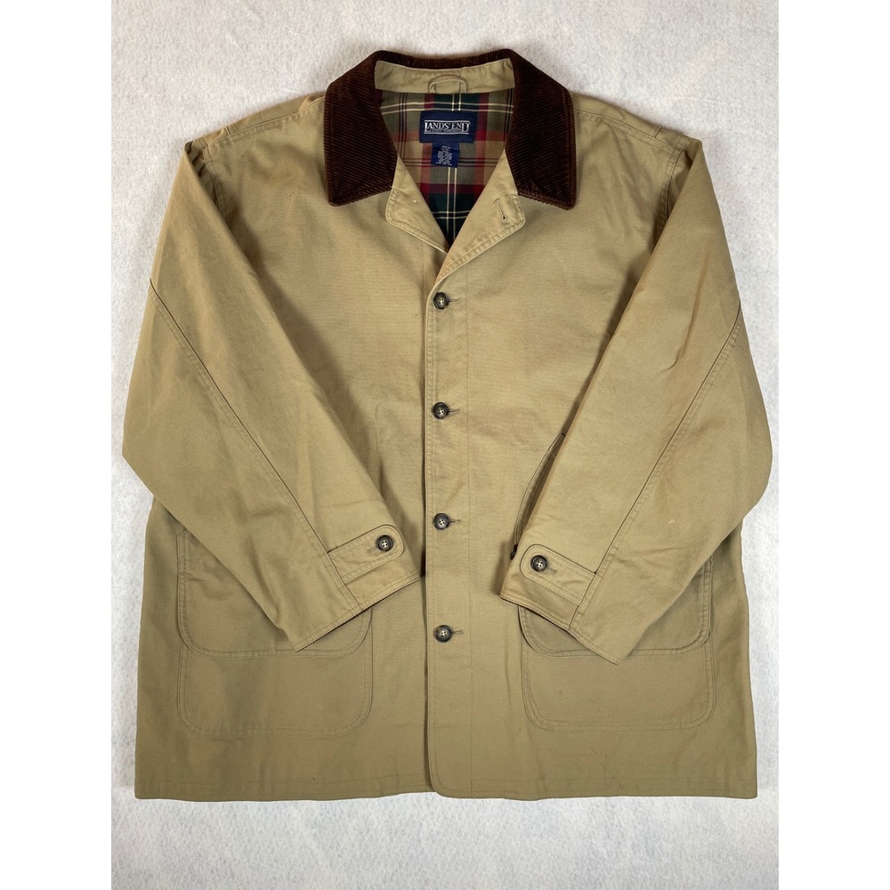 Lands End Mens Khaki Chore Barn‎ Field Jacket Corduroy Collar Plaid Lined XXL